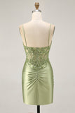 Sparkly Satin Sage Green Tight Short Corset Cocktail Dress with Sequins
