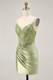 Sparkly Satin Sage Green Tight Short Corset Cocktail Dress with Sequins