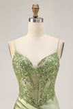 Sparkly Satin Sage Green Tight Short Corset Cocktail Dress with Sequins