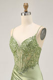 Sparkly Satin Sage Green Tight Short Corset Cocktail Dress with Sequins
