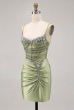 Sparkly Sage Green Tight Corset Short Cocktail Dress with Rhinestones