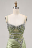 Sparkly Sage Green Tight Corset Short Cocktail Dress with Rhinestones