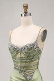 Sparkly Sage Green Tight Corset Short Cocktail Dress with Rhinestones