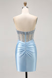 Sparkly Light Blue Corset Tight Short Cocktail Dress