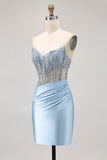 Sparkly Light Blue Corset Tight Short Cocktail Dress