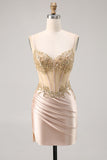 Sparkly Champagne Corset Ruched Tight Short Prom Dress with Sequins