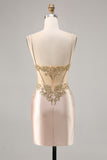 Sparkly Champagne Corset Ruched Tight Short Prom Dress with Sequins