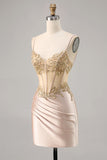 Sparkly Champagne Corset Ruched Tight Short Prom Dress with Sequins