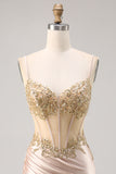 Sparkly Champagne Corset Ruched Tight Short Prom Dress with Sequins
