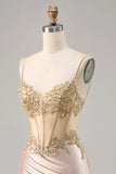 Sparkly Champagne Corset Ruched Tight Short Prom Dress with Sequins