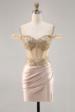Sparkly Champagne Satin Corset Bodycon Short Prom Dress with Sequins