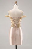 Sparkly Champagne Satin Corset Bodycon Short Prom Dress with Sequins