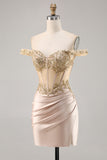 Sparkly Champagne Satin Corset Bodycon Short Prom Dress with Sequins