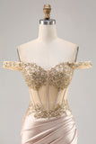 Sparkly Champagne Satin Corset Bodycon Short Prom Dress with Sequins