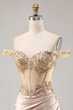 Sparkly Champagne Satin Corset Bodycon Short Prom Dress with Sequins