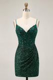 Sparkly Sequin Dark Green Corset V-Neck Short Cocktail Dress