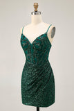Sparkly Sequin Dark Green Corset V-Neck Short Cocktail Dress