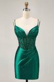 Sparkly Dark Green Corset Short Tight Satin Cocktail Dress with Beading
