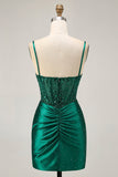 Sparkly Dark Green Corset Short Tight Satin Cocktail Dress with Beading