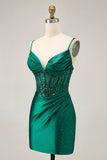 Sparkly Dark Green Corset Short Tight Satin Cocktail Dress with Beading