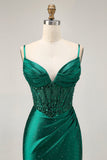 Sparkly Dark Green Corset Short Tight Satin Cocktail Dress with Beading