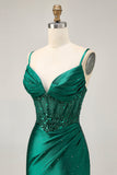 Sparkly Dark Green Corset Short Tight Satin Cocktail Dress with Beading