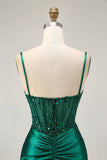 Sparkly Dark Green Corset Short Tight Satin Cocktail Dress with Beading