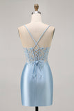 Sparkly Blue Corset Tight Satin Short Cocktail Dress with Lace