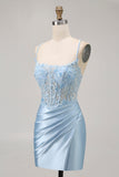 Sparkly Blue Corset Tight Satin Short Cocktail Dress with Lace