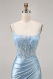 Sparkly Blue Corset Tight Satin Short Cocktail Dress with Lace