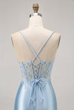 Sparkly Blue Corset Tight Satin Short Cocktail Dress with Lace
