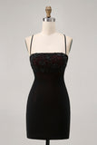 Black Spaghetti Straps Tight Short Cocktail Dress with Beading