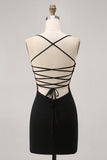Black Spaghetti Straps Tight Short Cocktail Dress with Beading