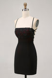 Black Spaghetti Straps Tight Short Cocktail Dress with Beading