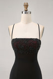 Black Spaghetti Straps Tight Short Cocktail Dress with Beading