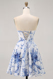 White Blue Flower Corset A Line Short Cocktail Dress