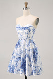 White Blue Flower Corset A Line Short Cocktail Dress