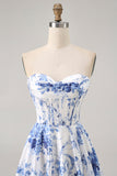 White Blue Flower Corset A Line Short Cocktail Dress