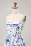 White Blue Flower Corset A Line Short Cocktail Dress