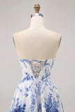 White Blue Flower Corset A Line Short Cocktail Dress