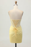 Yellow Corset Strapless Tight Short Cocktail Dress with Lace
