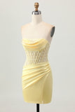 Yellow Corset Strapless Tight Short Cocktail Dress with Lace