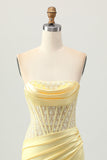 Yellow Corset Strapless Tight Short Cocktail Dress with Lace