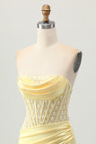 Yellow Corset Strapless Tight Short Cocktail Dress with Lace