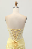 Yellow Corset Strapless Tight Short Cocktail Dress with Lace