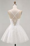 White Spaghetti Straps Corset Short Cocktail Dress with Lace
