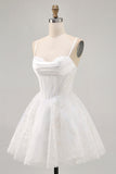 White Spaghetti Straps Corset Short Cocktail Dress with Lace