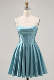 Grey Green A Line Satin Ruched A Line Short Corset Prom Dress