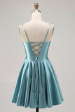 Grey Green A Line Satin Ruched A Line Short Corset Prom Dress