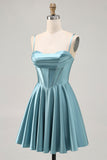 Grey Green A Line Satin Ruched A Line Short Corset Prom Dress